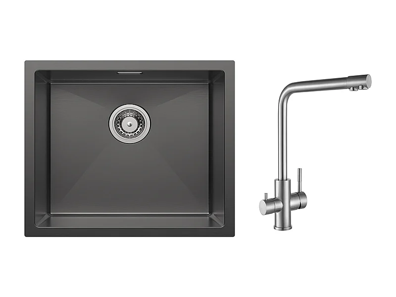 CECIPA MAX Évier de Cuisine 1 Bac Évier Inox 50*44CM Noir Anthracite + Mitigeur Cuisine pour Sstème D'osmose