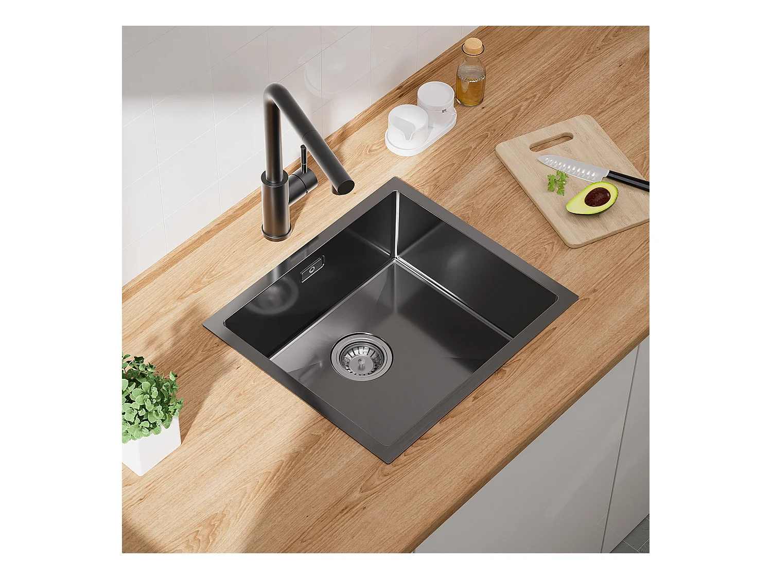 CECIPA MAX 1 Becken Küchenspüle Edelstahlspüle 50*44CM Anthrazit Schwarz + Küchenarmatur für Osmoseanlage
