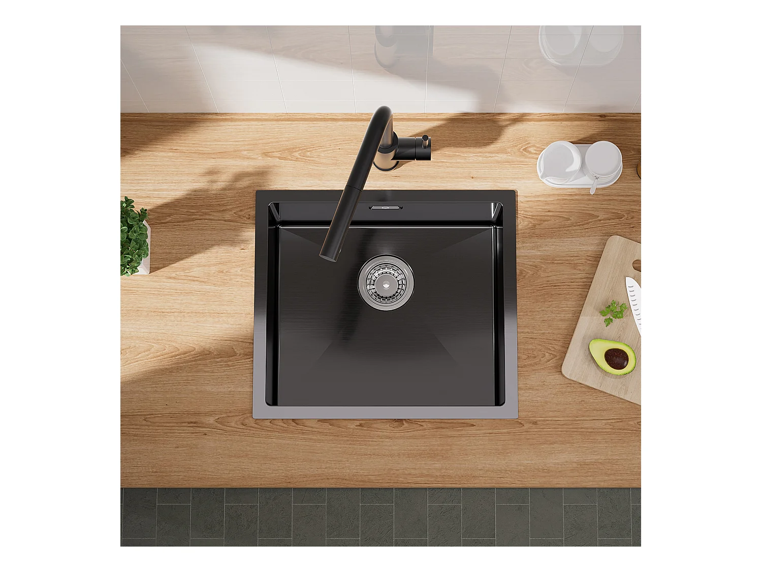 CECIPA MAX 1 Becken Küchenspüle Edelstahlspüle 50*44CM Anthrazit Schwarz + Küchenarmatur für Osmoseanlage
