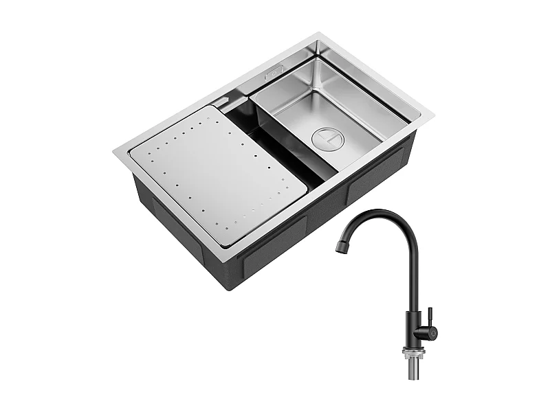 Évier Cuisine 1 Bac 70×44×21CM Évier Inox Brossé avec Egouttoir et Vasque + Robinet de Cuisine à eau Froide,Noir