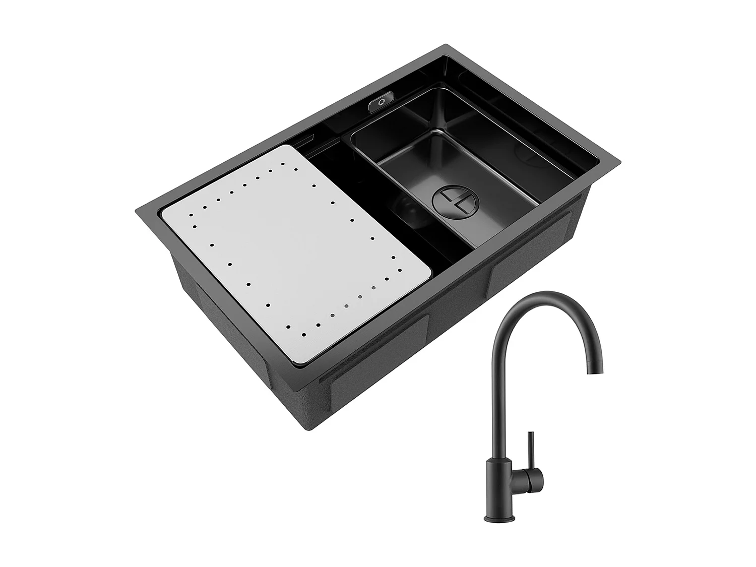 Becken Küchenspüle 70×44×21CM Schwarze Edelstahlspüle mit Abtropffläche und Becken + Schwarze Küchenmischbatterie aus Edelstahl