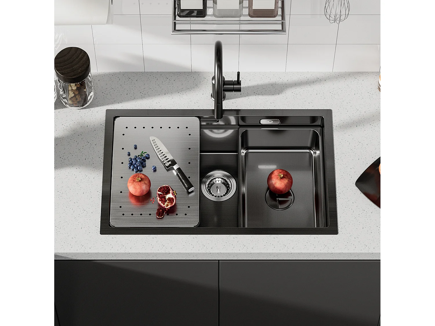 Becken Küchenspüle 70×44×21CM Schwarze Edelstahlspüle mit Abtropffläche und Becken + Schwarze Küchenmischbatterie aus Edelstahl