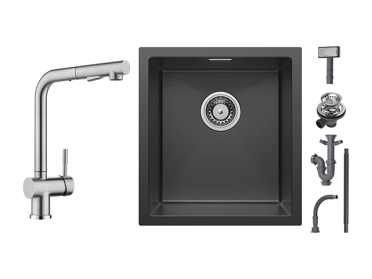 Cecipa max Évier Inox Encastré 40*44*19 cm - Évier Cuisine 1 Bac Noir + Robinet Cuisine Brossé avec Douchette Mitigeur Douchette Extractible à 2 Jets