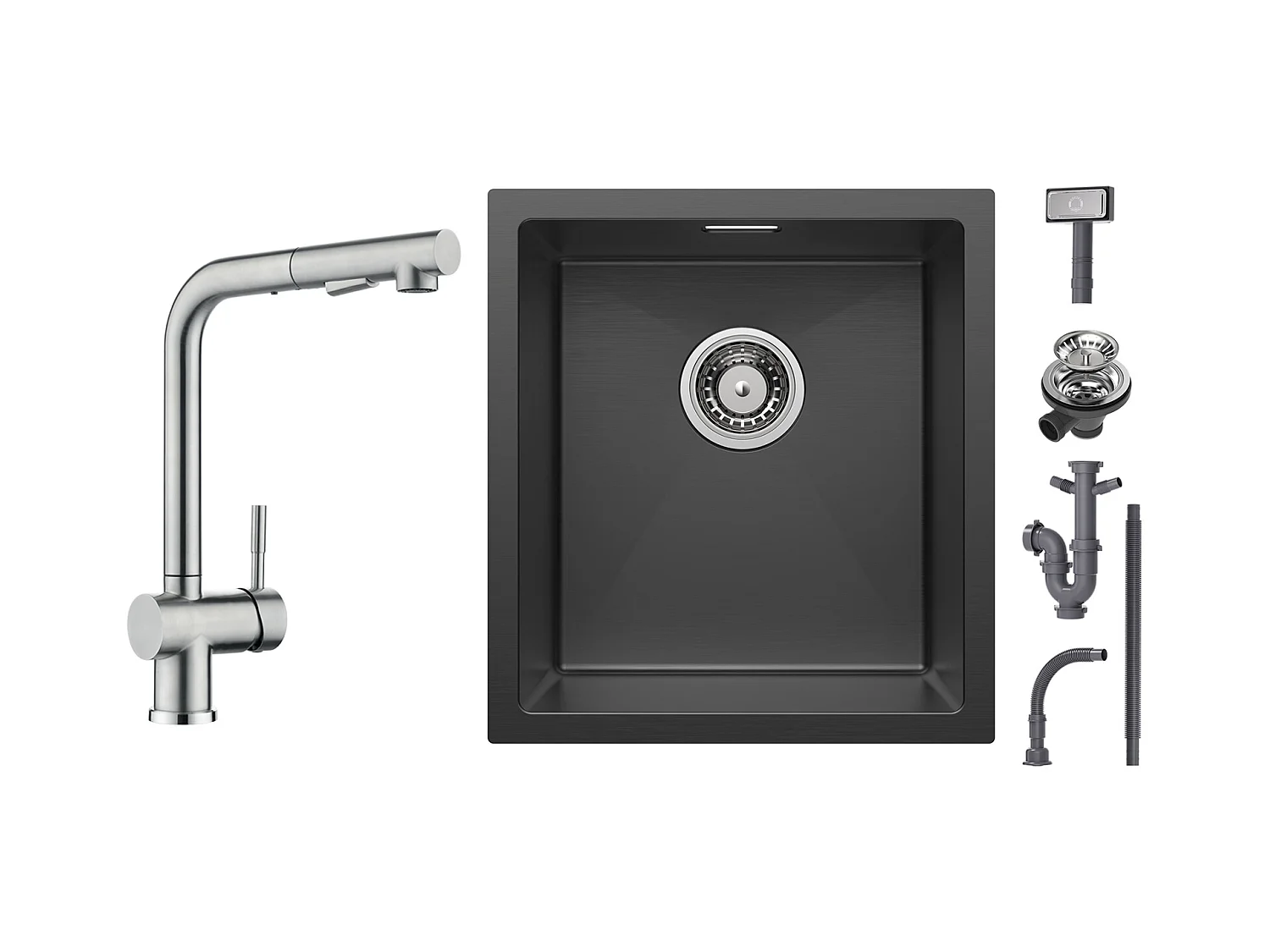 Cecipa max Einbauspüle aus Edelstahl 40*44*19 cm - Schwarze 1 Becken Küchenspüle + Gebürsteter Küchenhahn mit Mischbatterie Ausziehbare Brause mit 2 Düsen