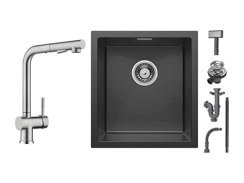 Cecipa max Évier Inox Encastré 40*44*19 cm - Évier Cuisine 1 Bac Noir + Robinet Cuisine Brossé avec Douchette Mitigeur Douchette Extractible à 2 Jets