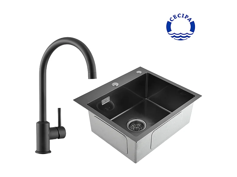 Cecipa max 2 en 1 Evier 1 bac 50*45*18.5cm Noir gris + Robinet de Cuisine Noir
