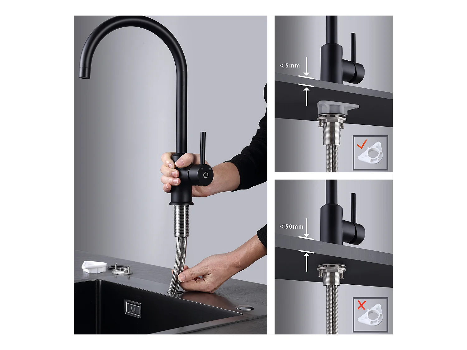 Cecipa max 2 en 1 Evier 1 bac 50*45*18.5cm Noir gris + Robinet de Cuisine Noir