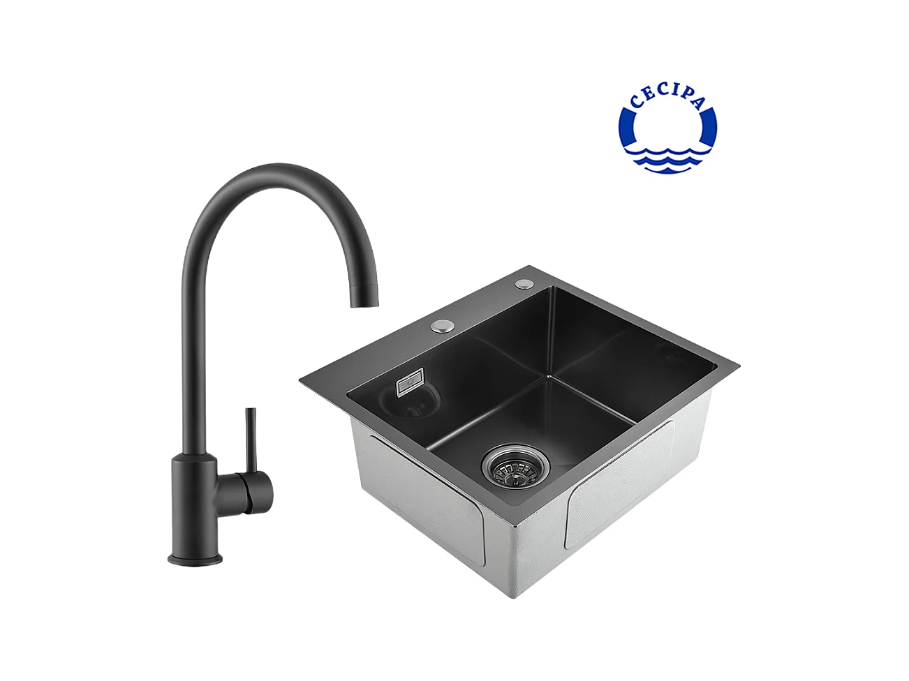 Cecipa max 2 in 1 1 spoelbak 50*45*18.5cm Zwart grijs + Zwarte Keukenkraan