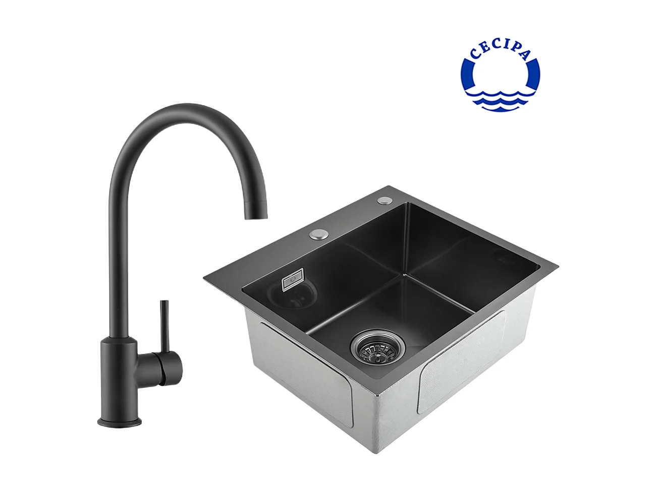 Fregadero Cecipa max 2 en 1 1 seno 50*45*18.5cm Negro gris + Grifo de cocina negro