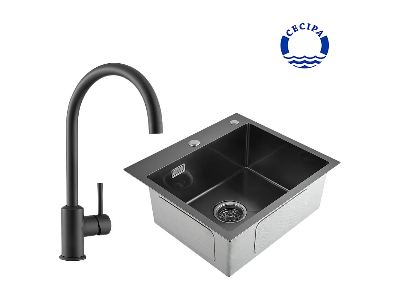 Cecipa max 2 in 1 Spüle 1 Becken 50*45*18,5cm Schwarzgrau + Schwarzer Küchenhahn
