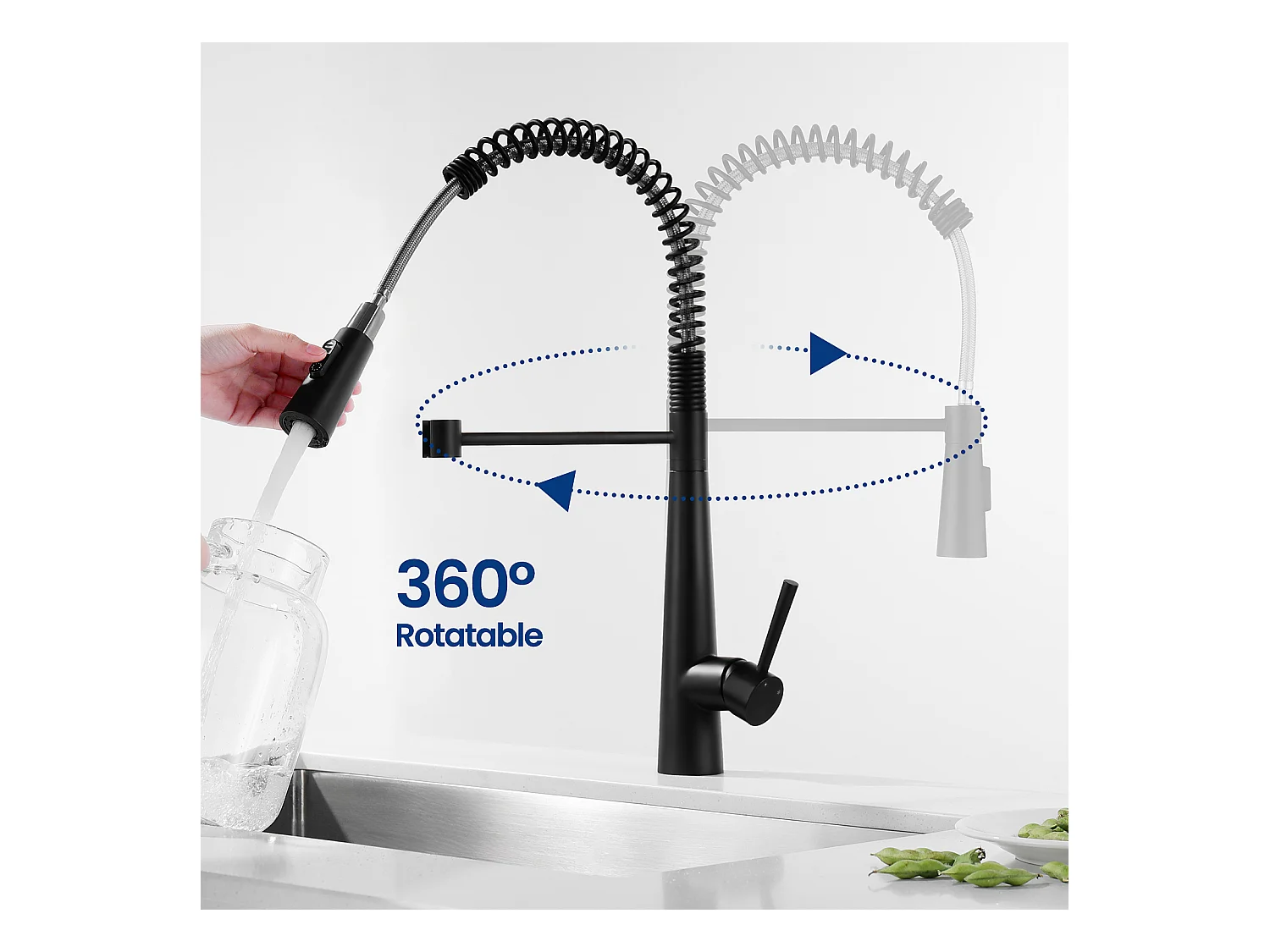 Cecipa max Évier 1 Bac en Acier Inoxydable Noir Évier Encastré 40*44cm + Mitigeur de Cuisine à Ressort avec 3 Modes de Sortie D'eau, Noir