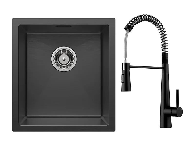 Cecipa max Évier 1 Bac en Acier Inoxydable Noir Évier Encastré 40*44cm + Mitigeur de Cuisine à Ressort avec 3 Modes de Sortie D'eau, Noir