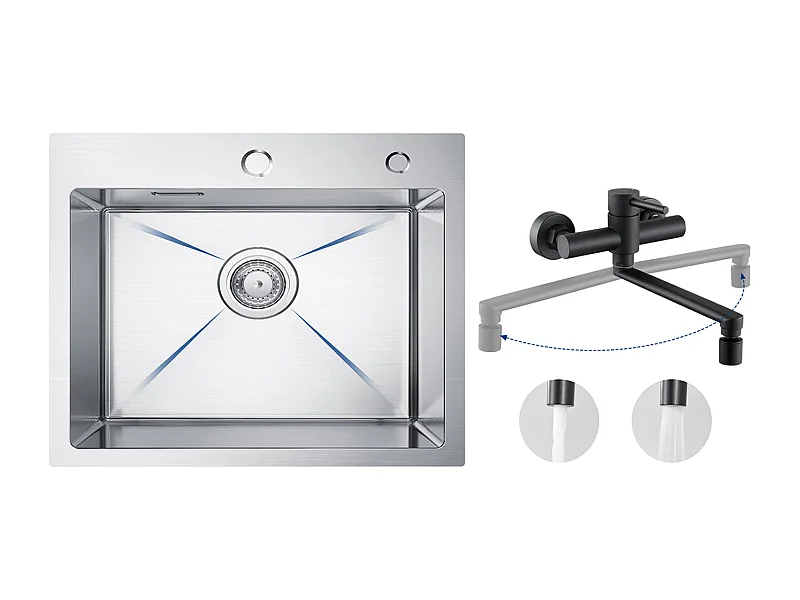 CECIPA MAX Keukenspoelbak 1 Kom 50×45×18,5CM Geborsteld RVS Spoelbak + Wandmontage Keukenmengkraan met 2 Jets Zwart