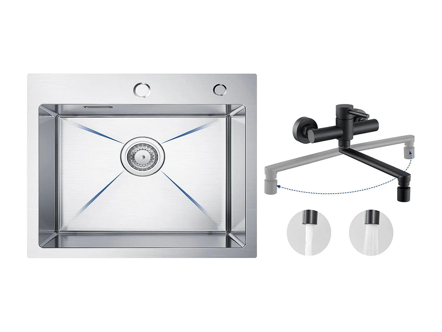 CECIPA MAX Évier Cuisine 1 Bac 50×45×18.5CM Évier Inox Brossé + Mitigeur de Cuisine Mural avec 2 Jets Noir