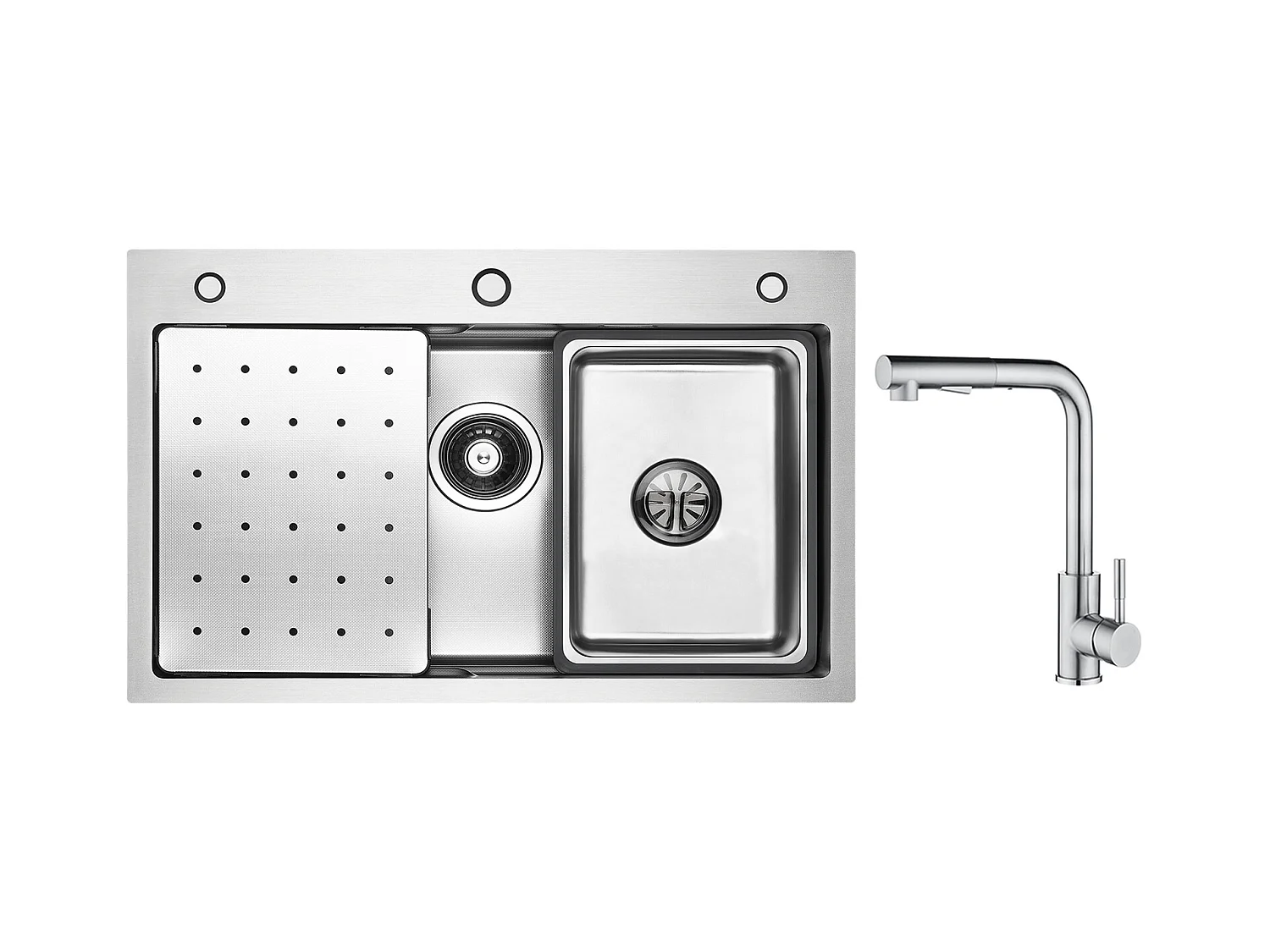 Cecipa max Évier Inox 70×45CM avec Egouttoir, Vasque et Distributeur de Savon + Mitigeur Cuisine Brossé avec Douchette Extractible - 2 Jets aux Choix