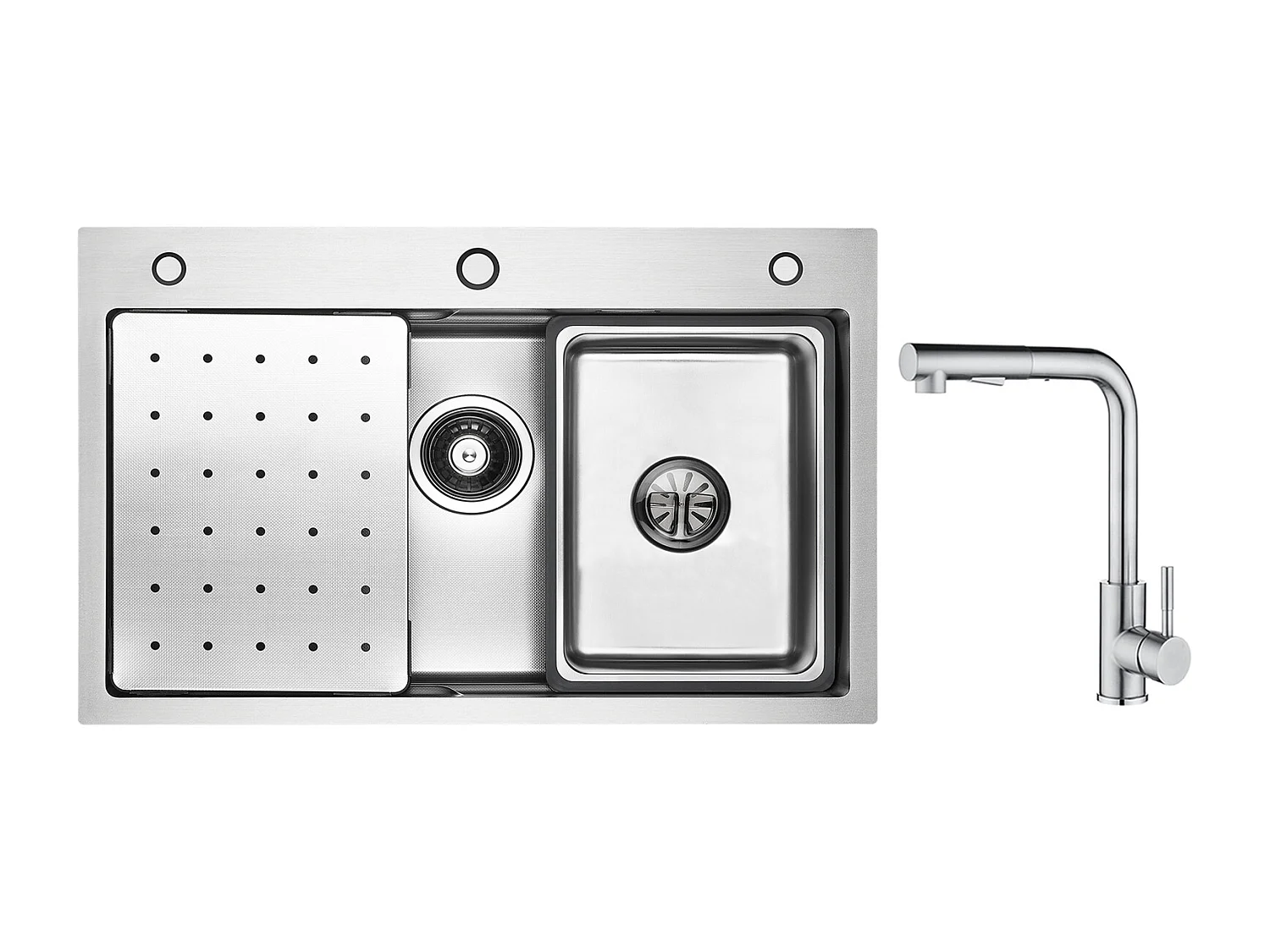 Cecipa max Fregadero de Acero Inoxidable 70×45CM con Escurridor, Lavabo y Dispensador de Jabón + Mezclador de Cocina Cepillado con Ducha Extraíble - 2 Jets a Elegir