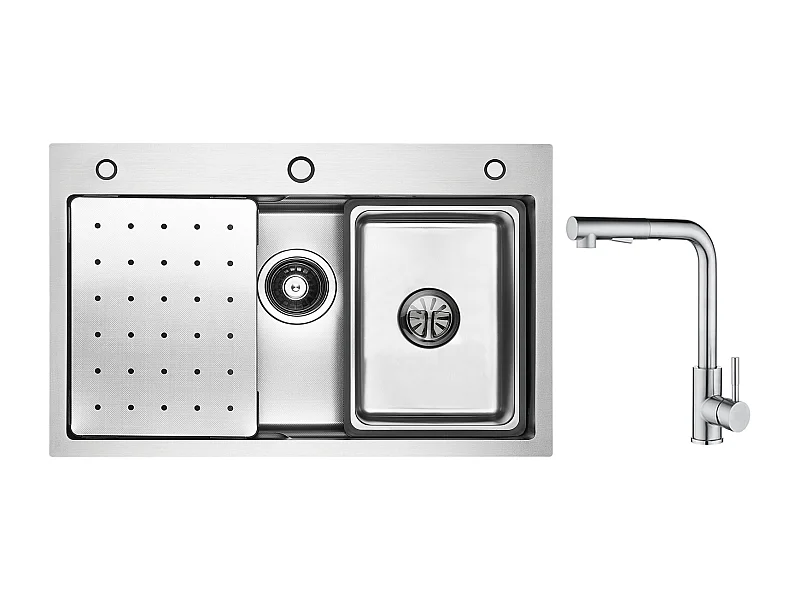 Cecipa max Évier Inox 70×45CM avec Egouttoir, Vasque et Distributeur de Savon + Mitigeur Cuisine Brossé avec Douchette Extractible - 2 Jets aux Choix