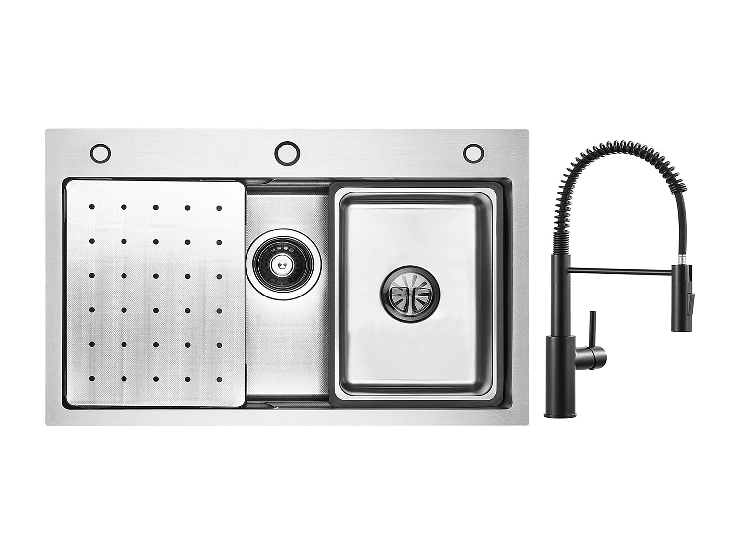 Cecipa max Zilver RVS Spoelbak 70×45×CM met Afdruipvlak, Wastafel en Zeepdispenser + Black Spring Keukenmengkraan met Uittrekbare Sproeier