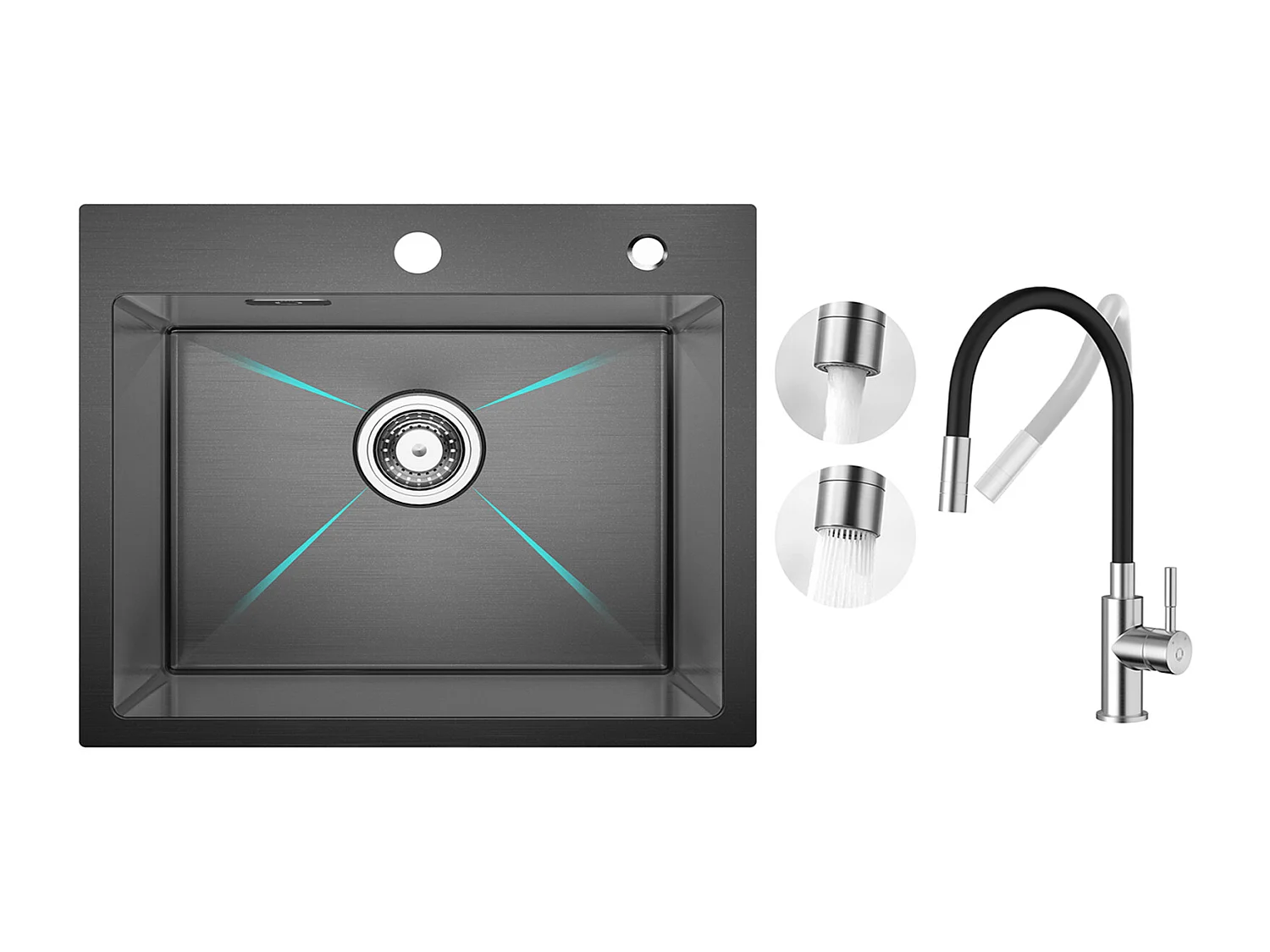 RVS spoelbak 1 spoelbak 50×45 cm spoelbak in zwart nanometer + flexibele keukenmengkraan, 2 soorten sprays geborsteld uittrekbare kraan