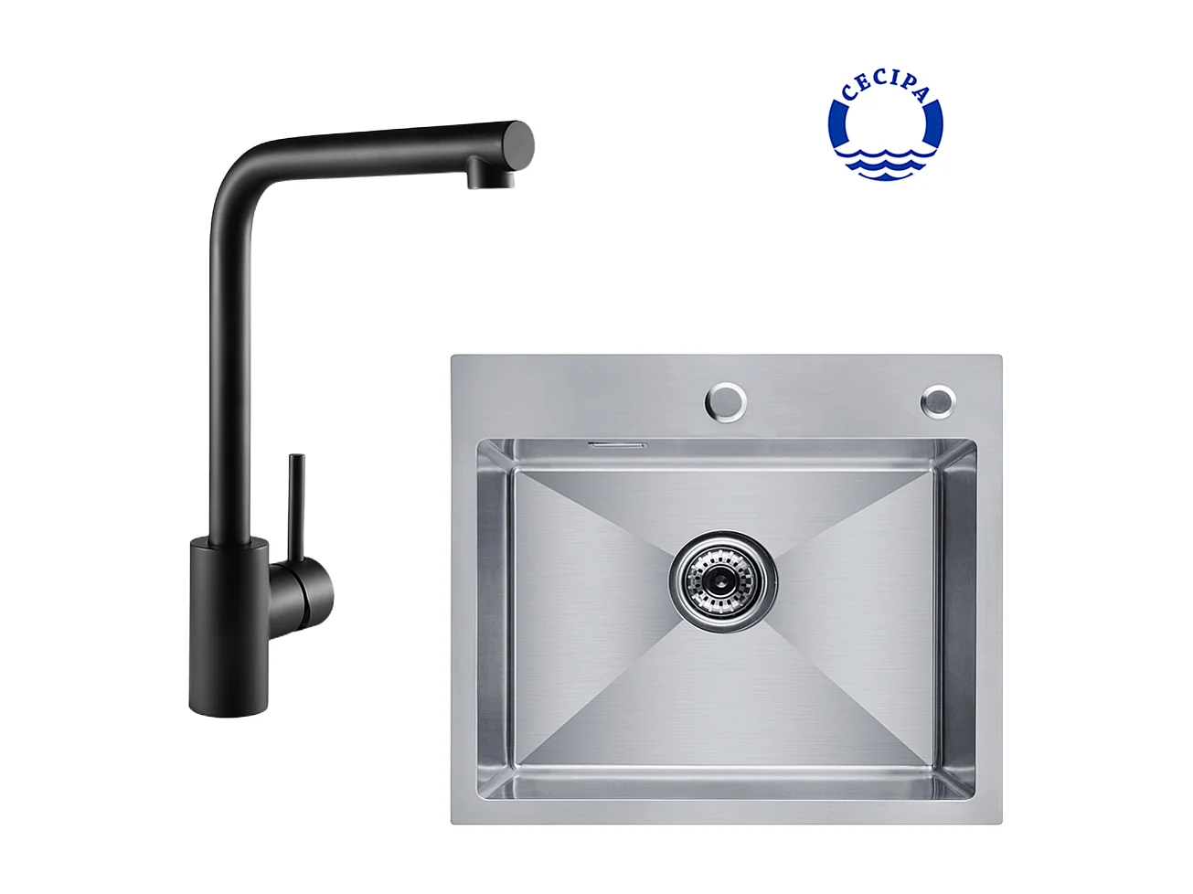 Cecipa max 2 en 1  Evier de cuisine 1 Bac Évier de Cuisine Carré Inoxydable Brossé 50*45*18.5cm + Robinet de Cuisine Mitigeur de Evier Noir