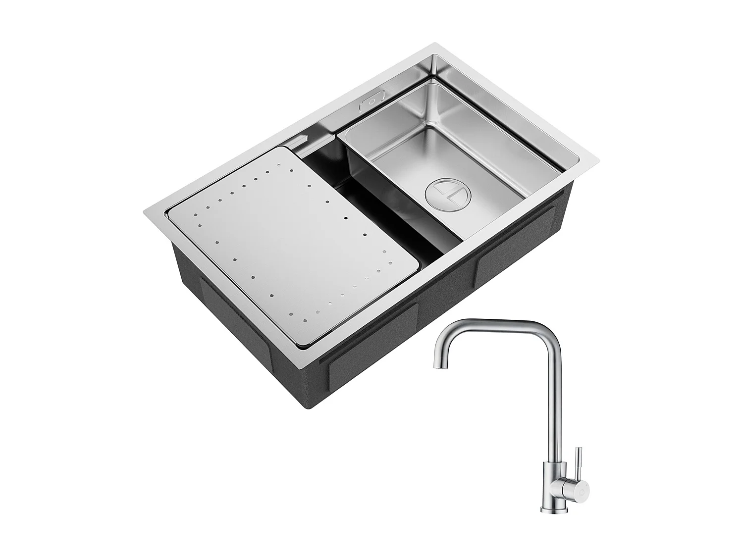 Évier Cuisine 1 Bac 70×44×21CM Évier Inox Brossé avec Egouttoir et Vasque + Mitigeur de Cuisine en Inox Brossé avec Bec Haut et Incurvé