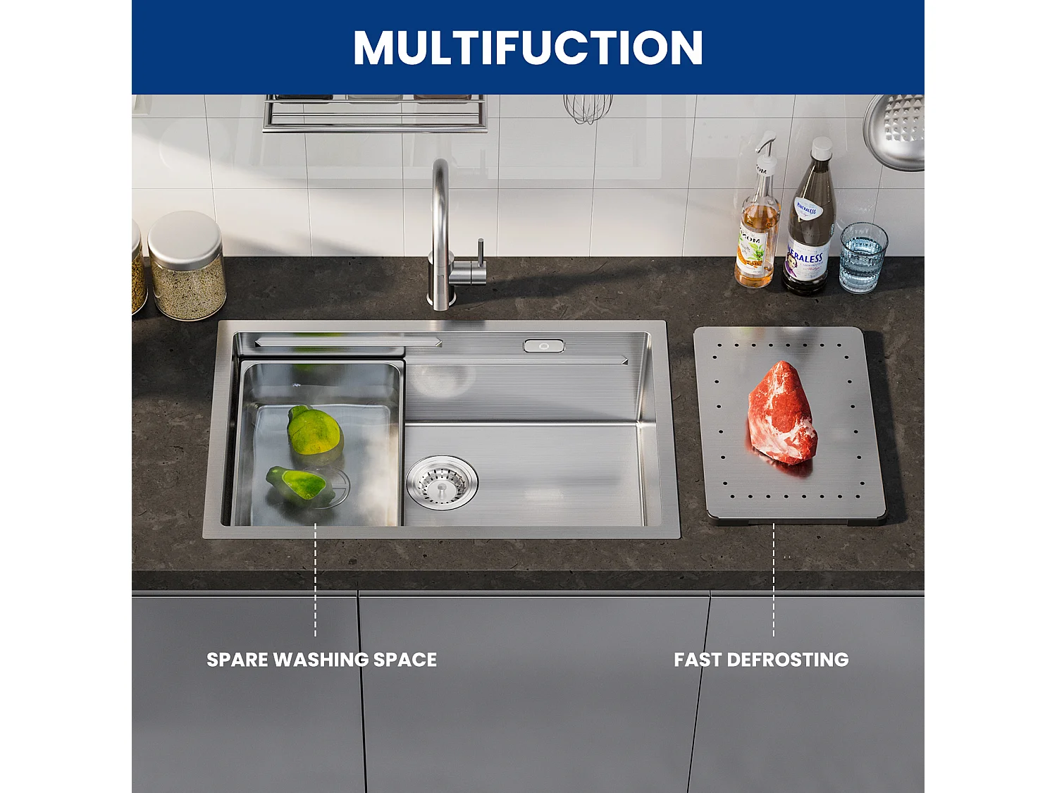 Évier Cuisine 1 Bac 70×44×21CM Évier Inox Brossé avec Egouttoir et Vasque + Mitigeur de Cuisine en Inox Brossé avec Bec Haut et Incurvé