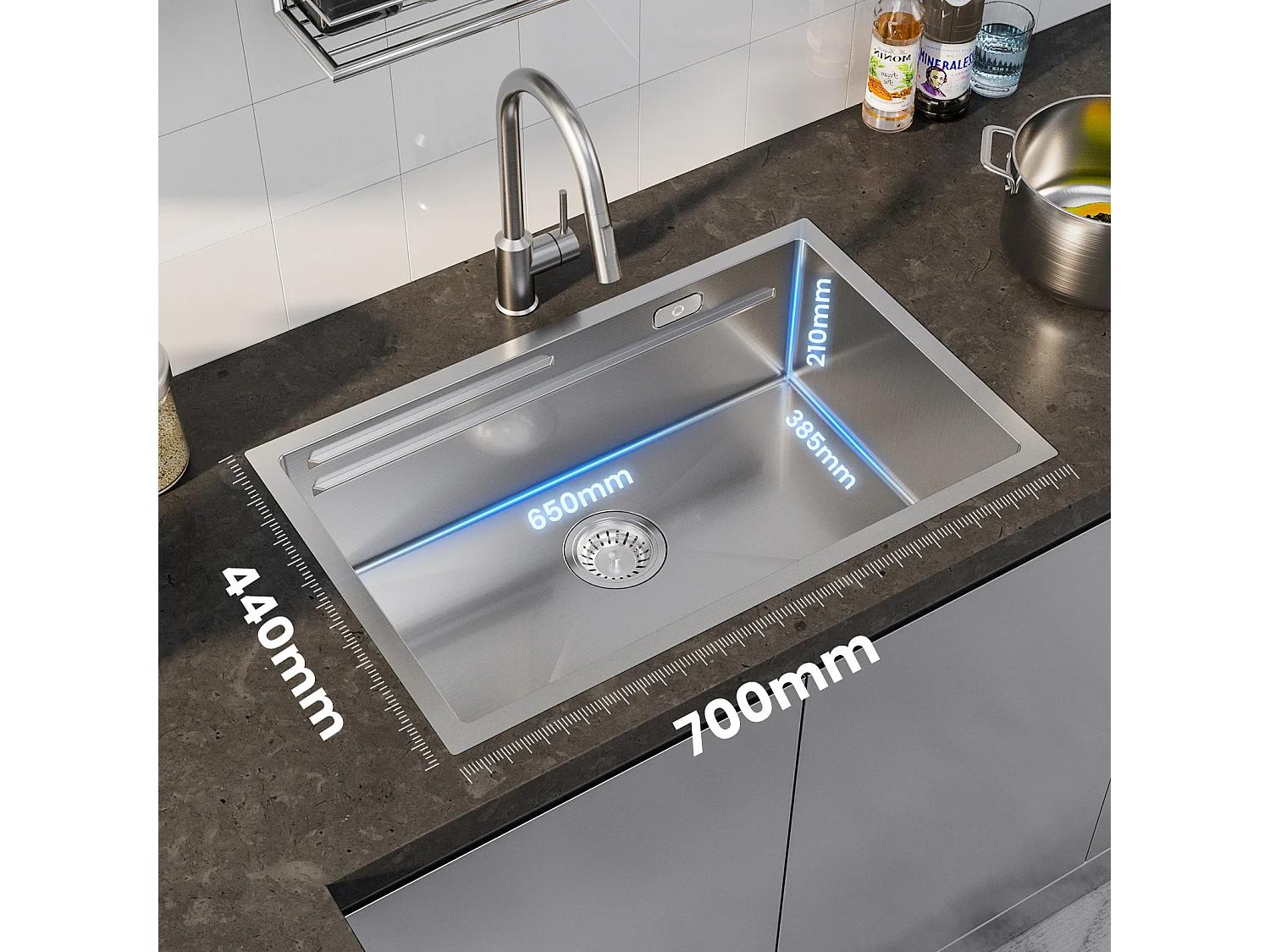 Évier Cuisine 1 Bac 70×44×21CM Évier Inox Brossé avec Egouttoir et Vasque + Mitigeur de Cuisine en Inox Brossé avec Bec Haut et Incurvé