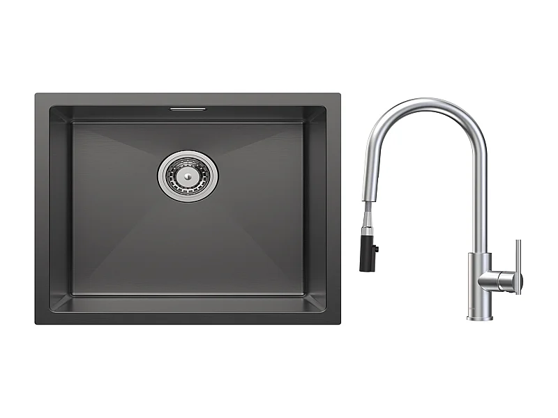 Becken Spüle 50*44cm Anthrazit Schwarz Edelstahl Küchenspüle + Küchenmischbatterie mit ausziehbarer Brause, 2 Wasserauslassmodi, Gebürstet