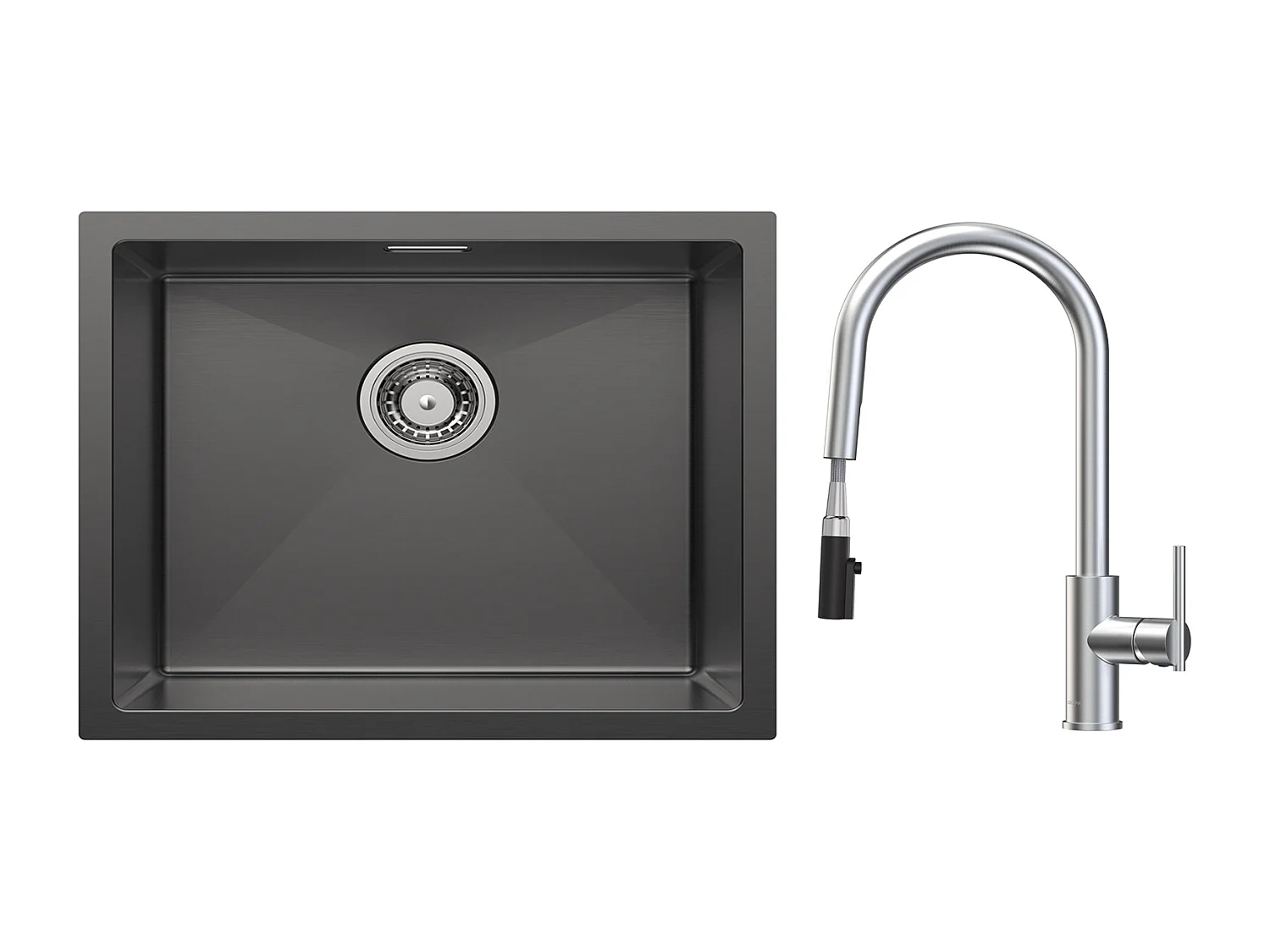 Becken Spüle 50*44cm Anthrazit Schwarz Edelstahl Küchenspüle + Küchenmischbatterie mit ausziehbarer Brause, 2 Wasserauslassmodi, Gebürstet