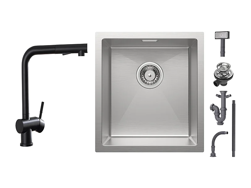 Cecipa max Einzelspüle 40x44cm - Einbauspüle aus gebürstetem Edelstahl + Küchenarmaturen mit ausziehbarer Brause, Spültischarmatur 2 Strahlarten