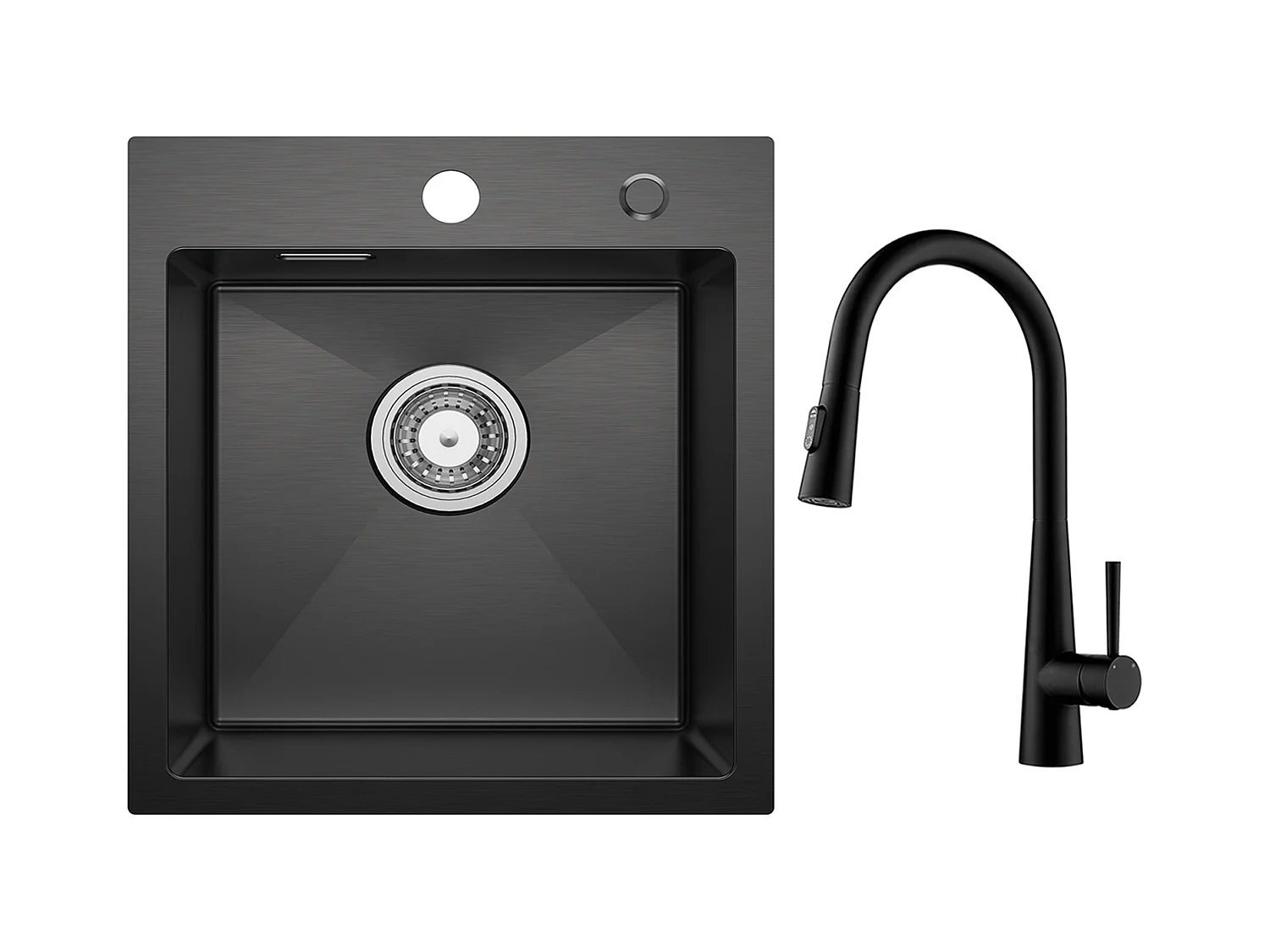 Cecipa max Schwarze Küchenspüle 40 x 45 cm – Edelstahlspüle 1 Becken Spüle + Küchenmischbatterie mit ausziehbarer Brause, 3 Wasserauslassmodi, Schwarz