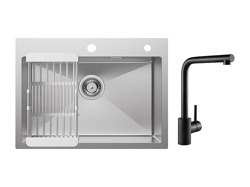 Évier Cuisine 1 Bac 60×45×18CM Évier Inox Brossé avec Panier de Drainage + Mitigeur de Evier Noir Rrotatif à 360 °