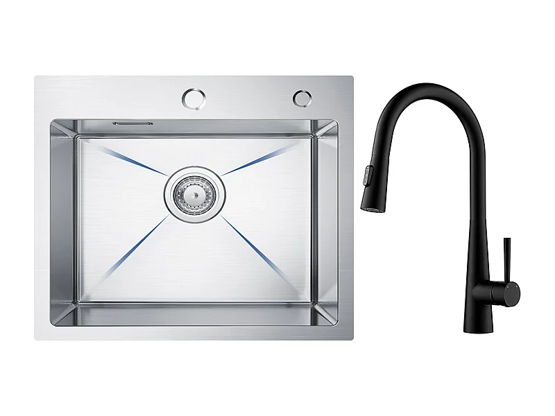 Cecipa max roestvrijstalen spoelbak 1 bak spoelbak 50 × 45 cm geborstelde spoelbak + mengkraan met uittrekbare straal, 3 waterafvoermodi, zwart