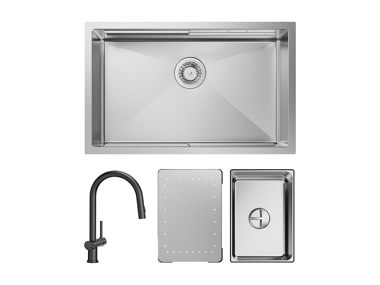 Cecipa max Évier Cuisine 1 Bac 70×44CM Évier à Encastrer Inox Brossé avec Egouttoir et Vasque + Noir Mitigeur de Cuisine avec Douchette Extractible