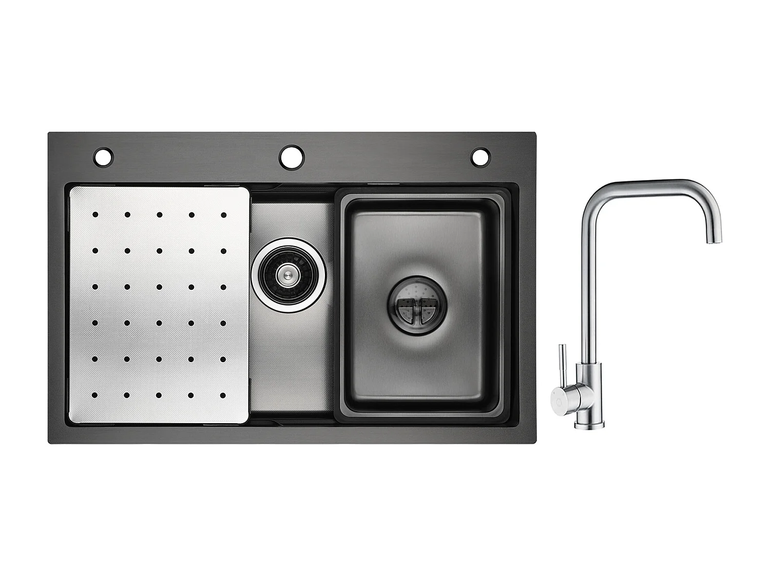 Évier de Cuisine 1 Cuve 70×45×21.5 cm + Egouttoir + Vasque + Distributeur de Savon + Mitigeur de Cuisine en Inox Brossé