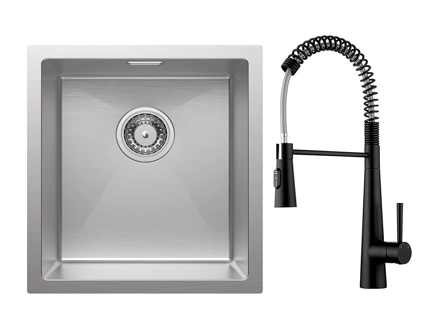 Cecipa max 40 x 44 cm Unterbauspüle aus gebürstetem Edelstahl, Einzelspüle + Feder-Küchenarmatur mit 3 Wasserauslassmodi, Schwarz