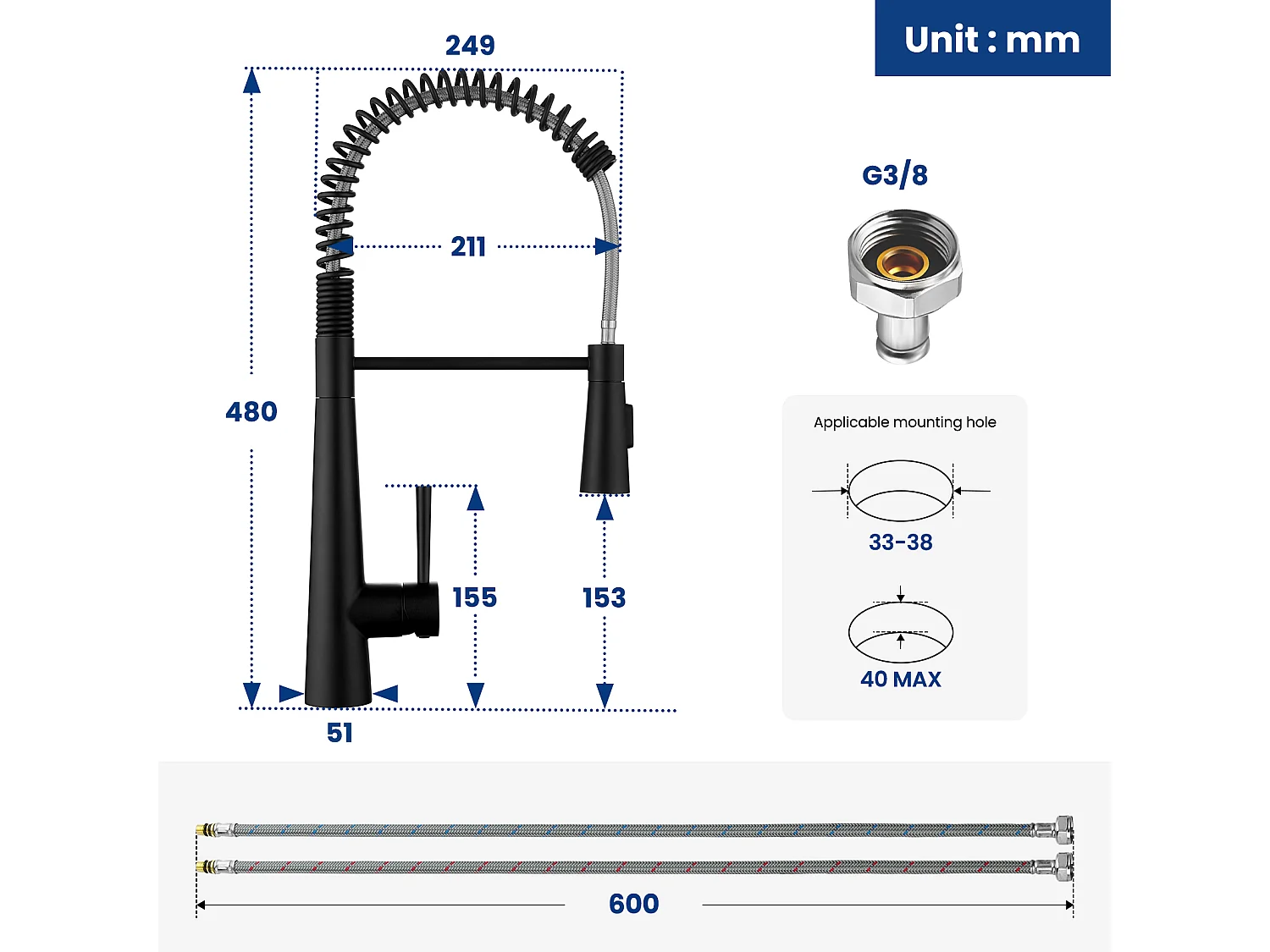Cecipa max 40 x 44 cm Unterbauspüle aus gebürstetem Edelstahl, Einzelspüle + Feder-Küchenarmatur mit 3 Wasserauslassmodi, Schwarz