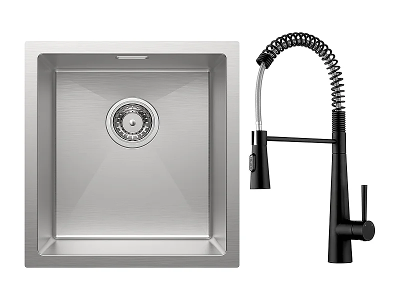 Cecipa max 40 x 44 cm Unterbauspüle aus gebürstetem Edelstahl, Einzelspüle + Feder-Küchenarmatur mit 3 Wasserauslassmodi, Schwarz