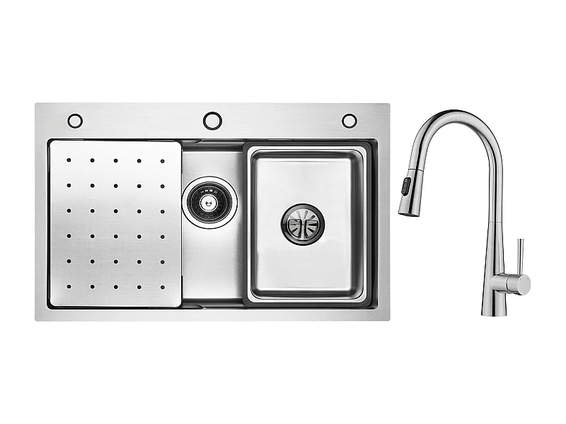 Cecipa max Évier Inox 70×45×CM avec Egouttoir, Vasque et Distributeur de Savon + Mitigeur avec Douchette Extractible, 3 Modes de Sortie D'eau, Brossé