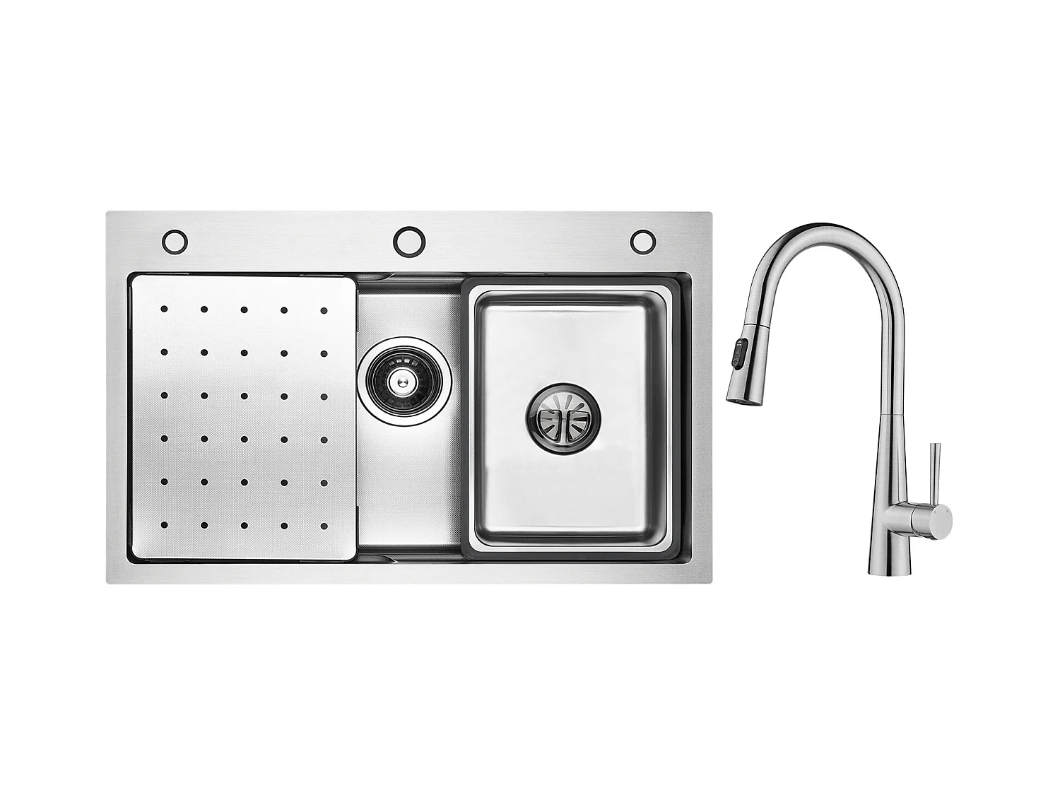 Cecipa max roestvrijstalen spoelbak 70×45×CM met afdruiprek, wastafel en zeepdispenser + mengkraan met uittrekbare straal, 3 waterafvoermodi, geborsteld