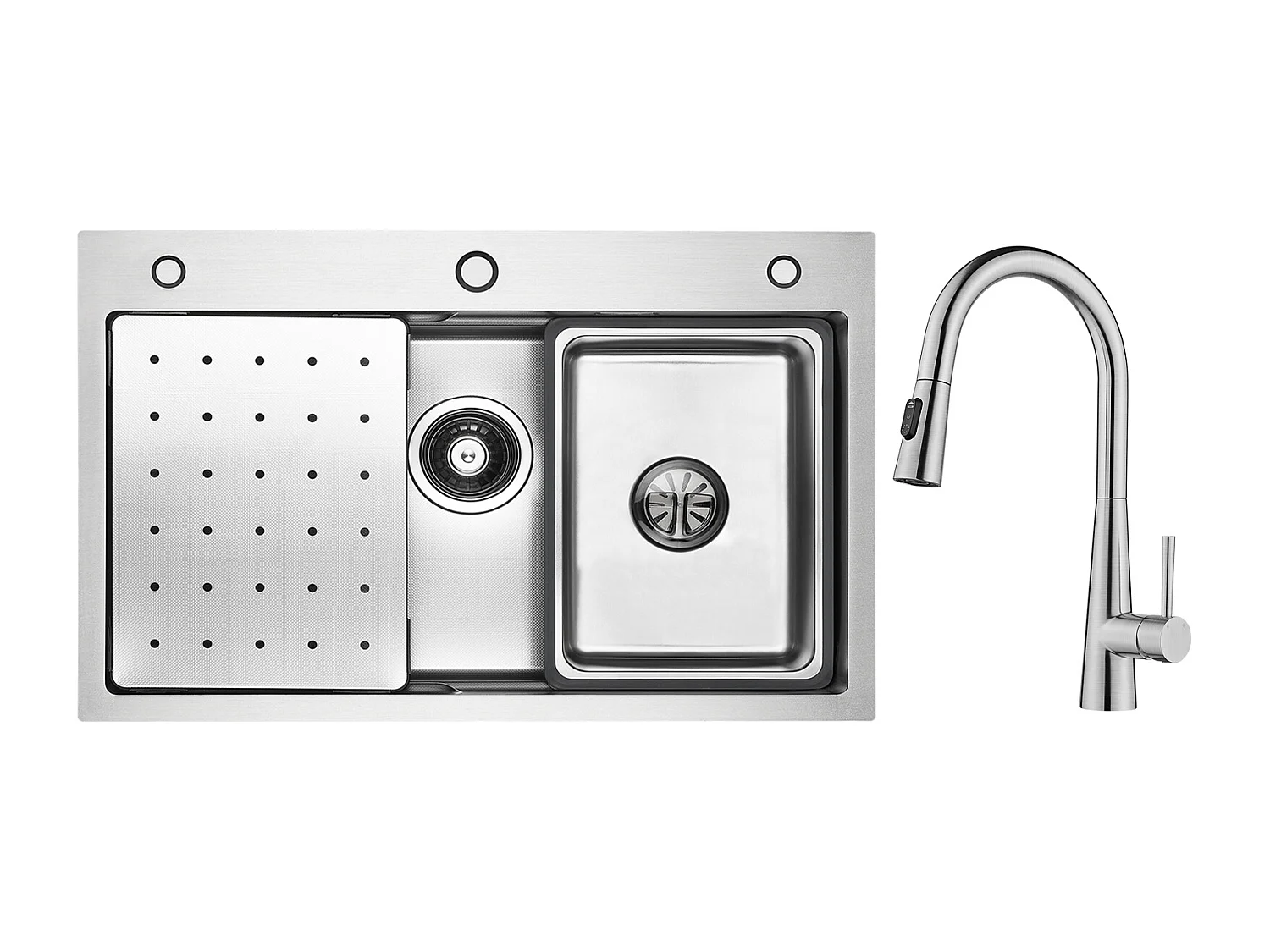 Cecipa max Évier Inox 70×45×CM avec Egouttoir, Vasque et Distributeur de Savon + Mitigeur avec Douchette Extractible, 3 Modes de Sortie D'eau, Brossé