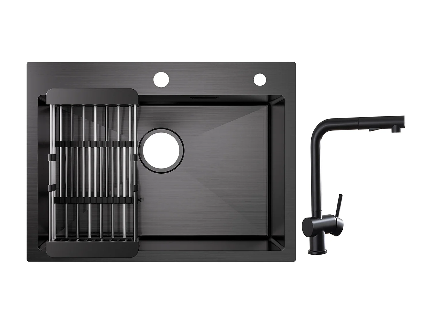 Cecipa max Évier 1 Bac Inox avec Panier de Drainage - Évier de Cuisine Noir 60×45×18 cm + Robinets avec Douchette Extractible, Mitigeur d'évier Noir