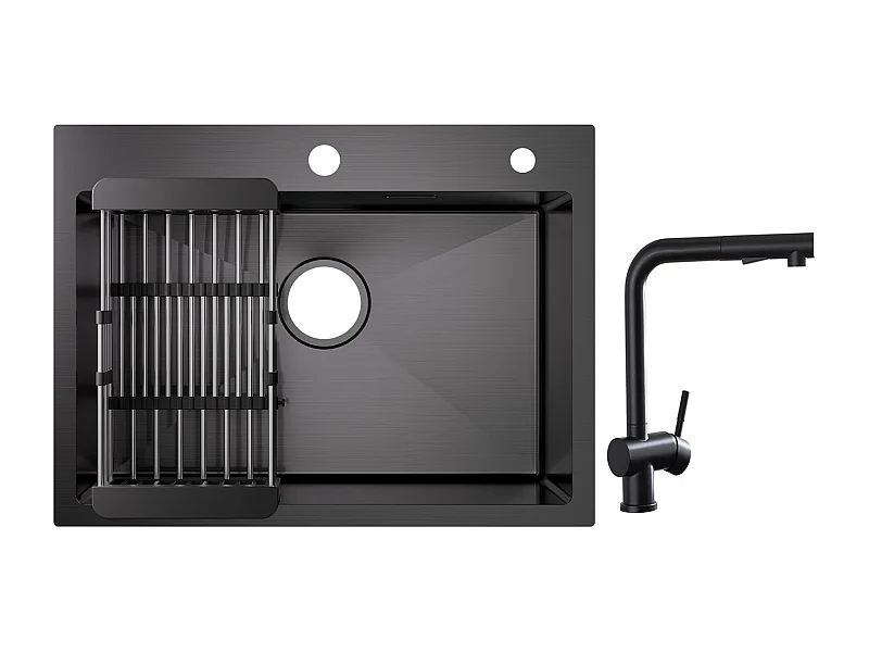 Cecipa max Évier 1 Bac Inox avec Panier de Drainage - Évier de Cuisine Noir 60×45×18 cm + Robinets avec Douchette Extractible, Mitigeur d'évier Noir