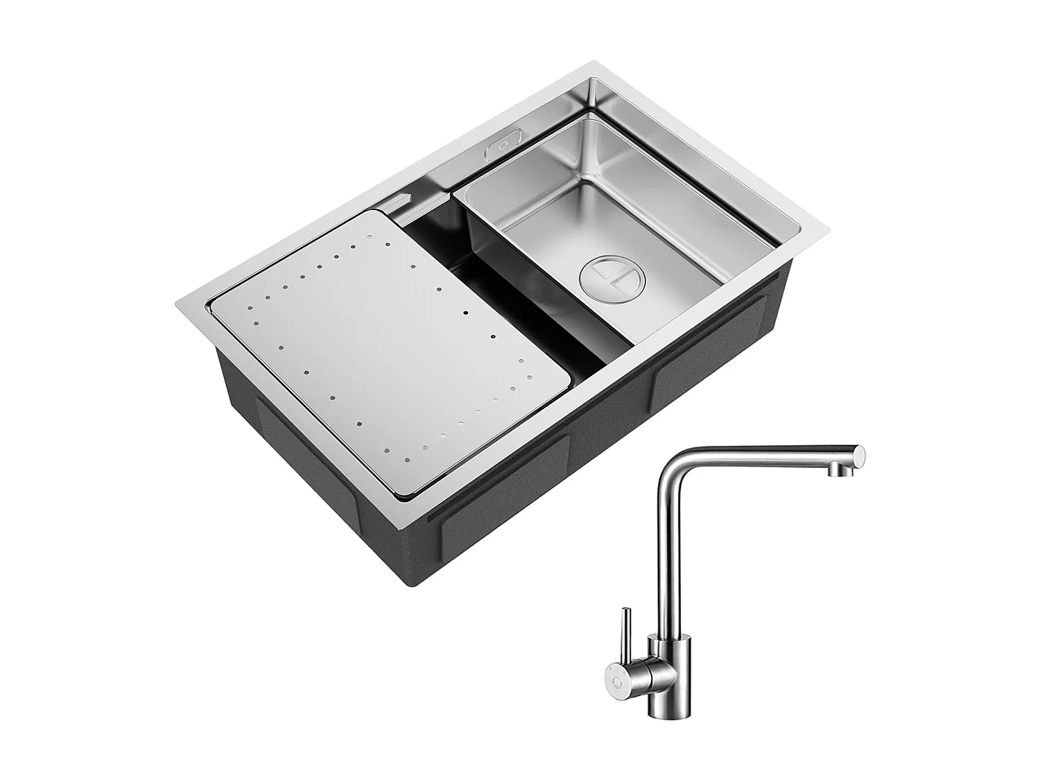 Küchenspüle 1 Becken 70×44×21CM Spüle aus gebürstetem Edelstahl mit Abtropffläche und Becken + 360° drehbarer Spültischmischer Gebürstet