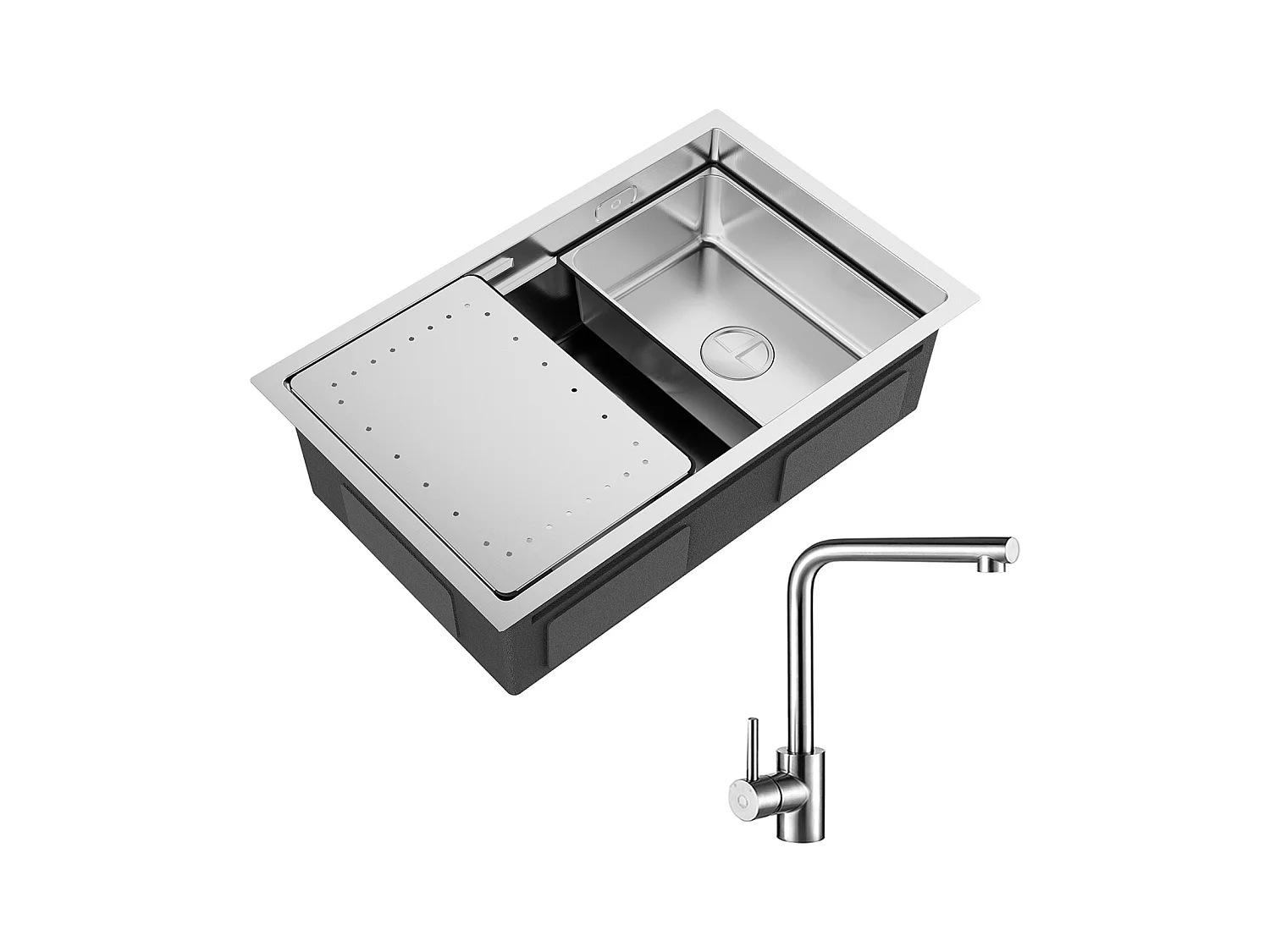 Fregadero de cocina de 1 seno, fregadero de acero inoxidable cepillado de 70×44×21CM con escurridor y lavabo + mezclador de fregadero giratorio de 360° cepillado