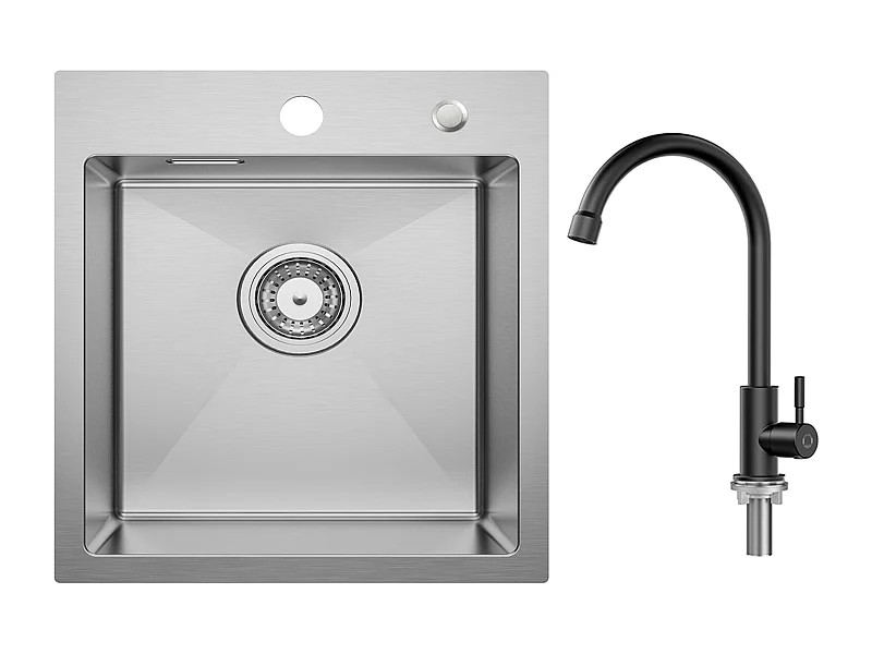 Cecipa MAX Évier Cuisine 1 Bac 40 × 45 cm Évier Inox Brossé + Robinet de Cuisine à eau Froide,Noir