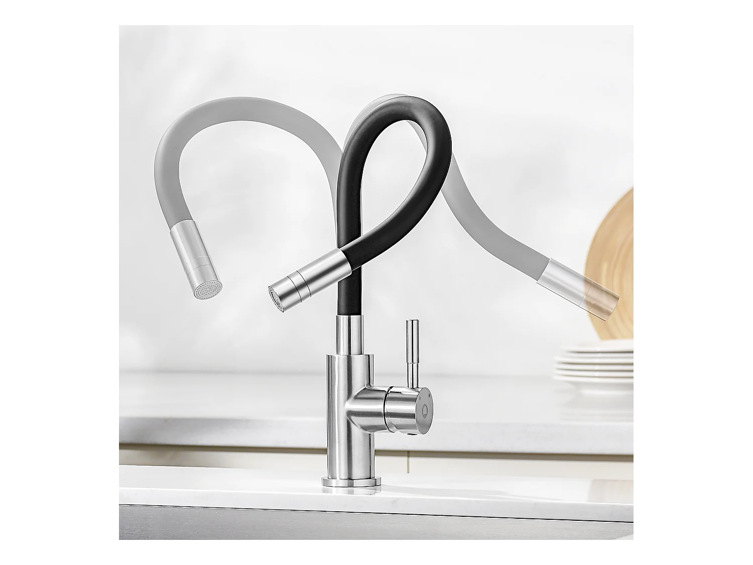 CECIPA MAX Évier 1 Bac en Acier Inoxydable Noir Évier Encastré 40*44cm + Flexible Mitigeur de Cuisine, 2 Types de Jets  Robinet Extractible Brossé