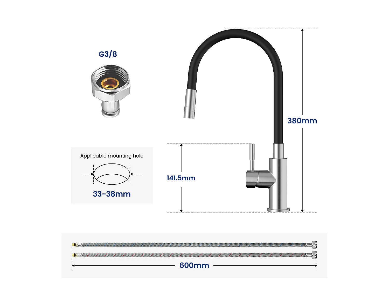CECIPA MAX Évier 1 Bac en Acier Inoxydable Noir Évier Encastré 40*44cm + Flexible Mitigeur de Cuisine, 2 Types de Jets  Robinet Extractible Brossé