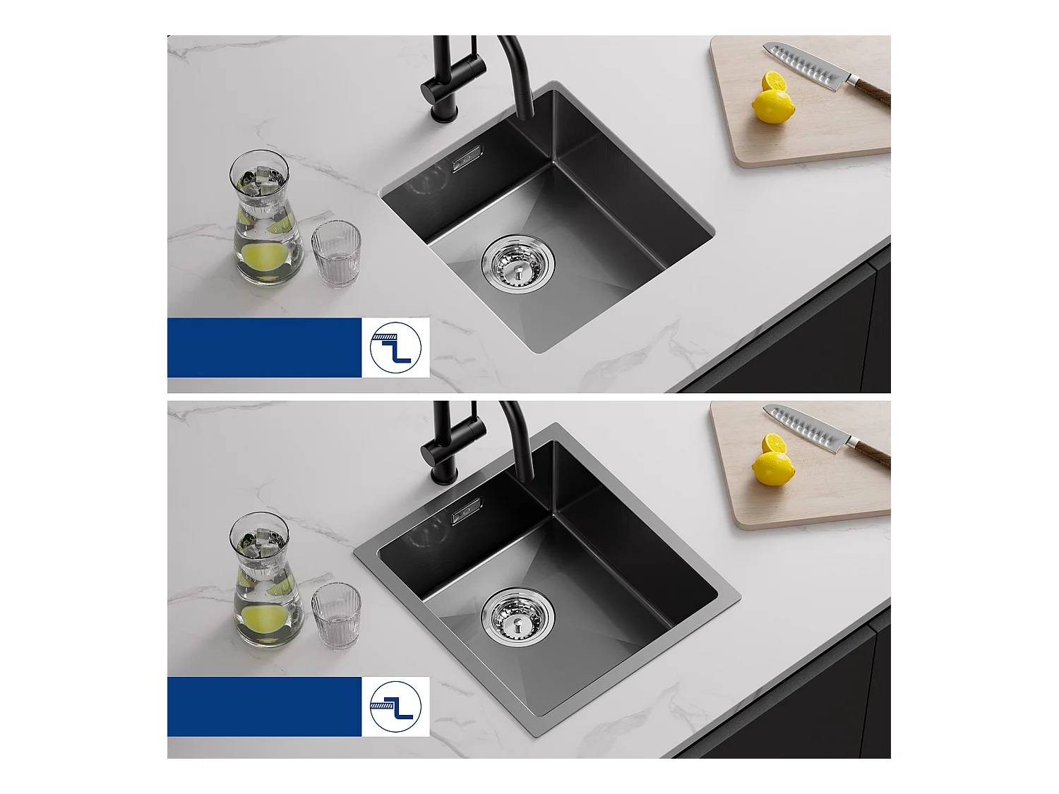 CECIPA MAX Évier 1 Bac en Acier Inoxydable Noir Évier Encastré 40*44cm + Flexible Mitigeur de Cuisine, 2 Types de Jets  Robinet Extractible Brossé