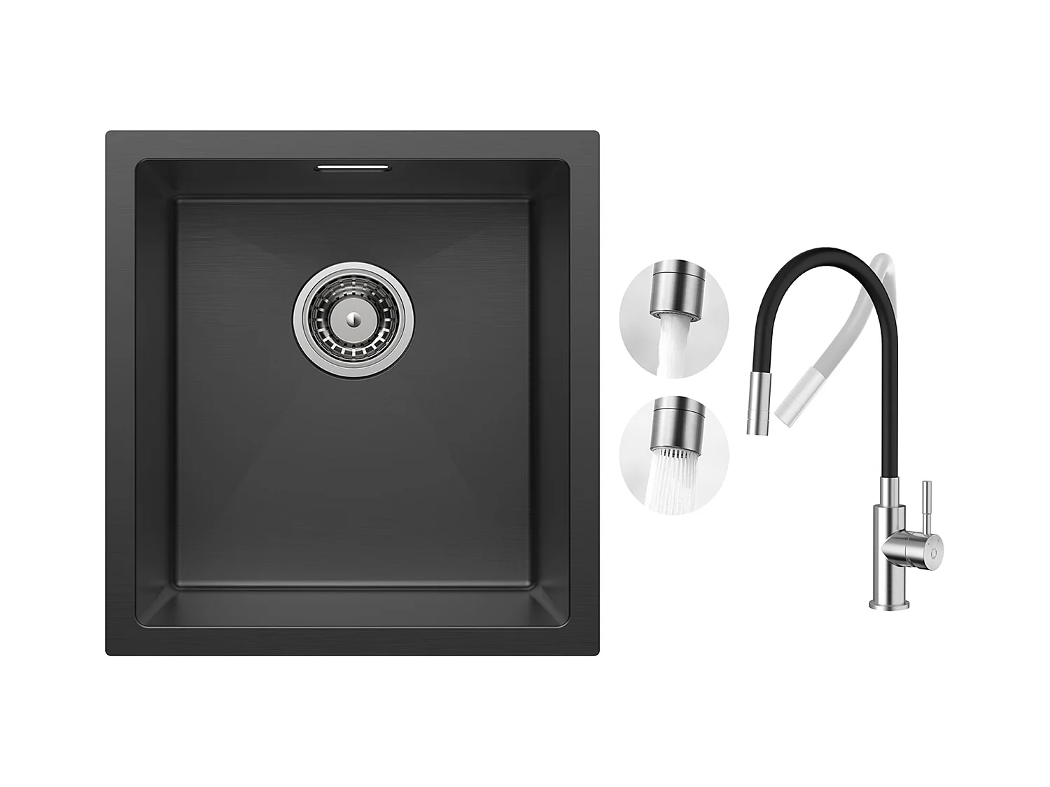 CECIPA MAX Évier 1 Bac en Acier Inoxydable Noir Évier Encastré 40*44cm + Flexible Mitigeur de Cuisine, 2 Types de Jets  Robinet Extractible Brossé